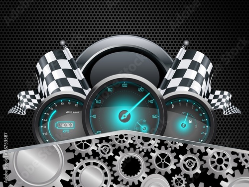 Speedometer and checkered flags with concept gears