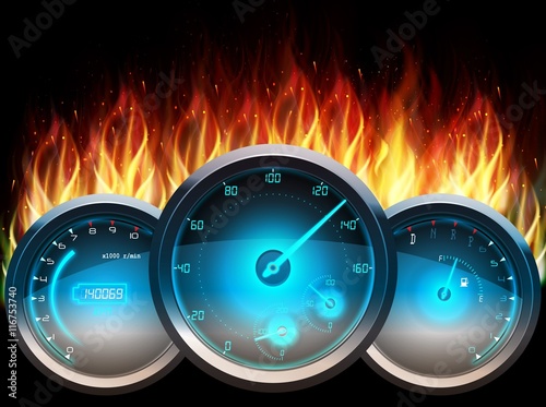 The Speedometer in fire on isolated black background