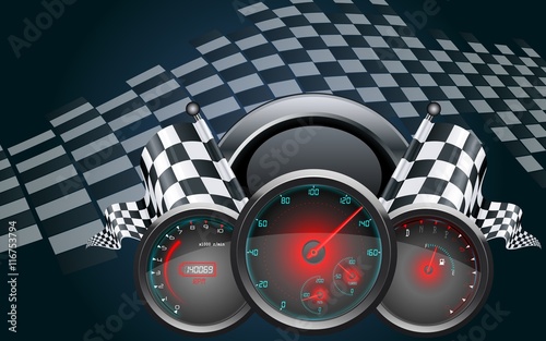 Car speedometer and checkered flags