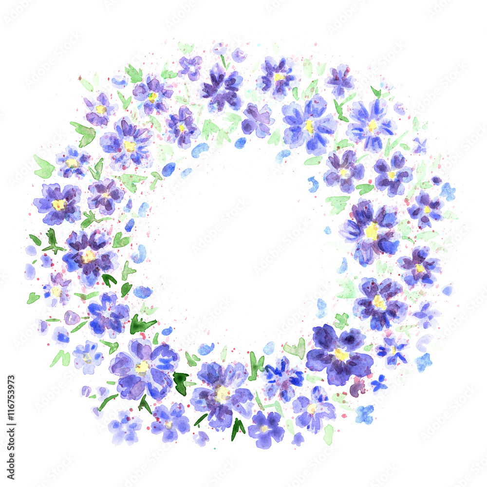 blue small florets. hand painted round floral frame. Watercolor painting. blue small florets. hand painted round floral frame. Watercolor painting.