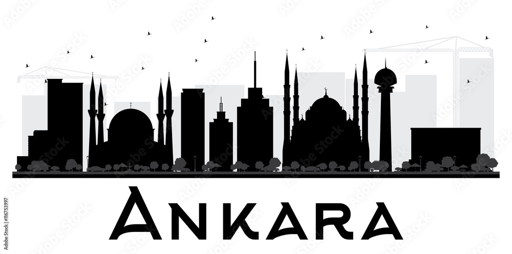 Ankara City skyline black and white silhouette.