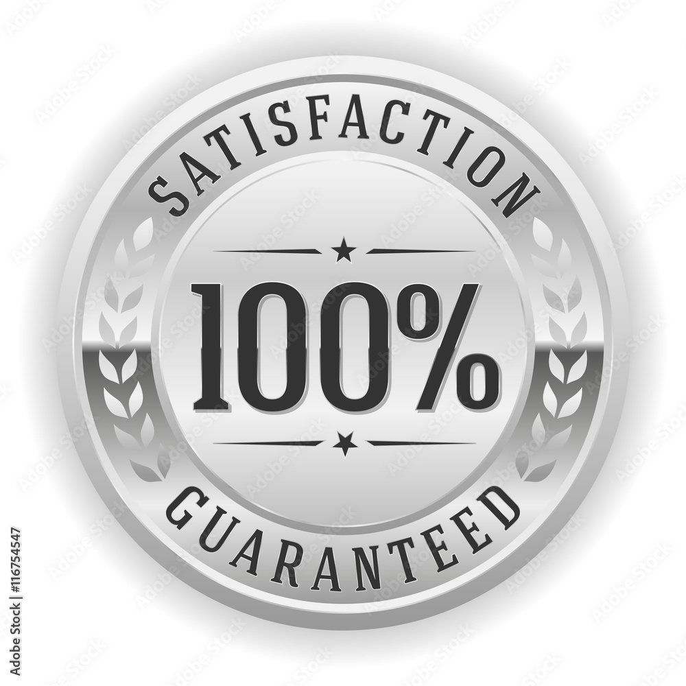 Silver satisfaction guarantee button, badge on white background