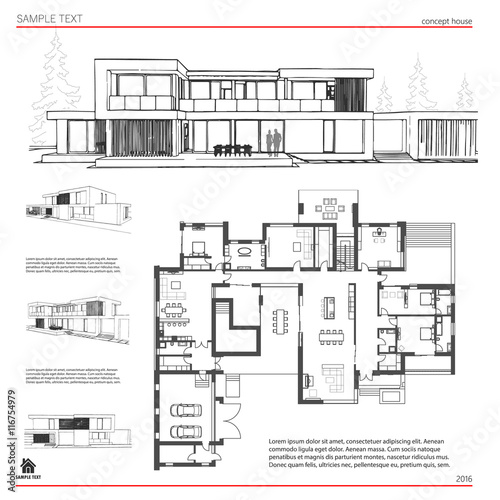 Wireframe blueprint drawing of 3D building, house. Vector architectural template background.