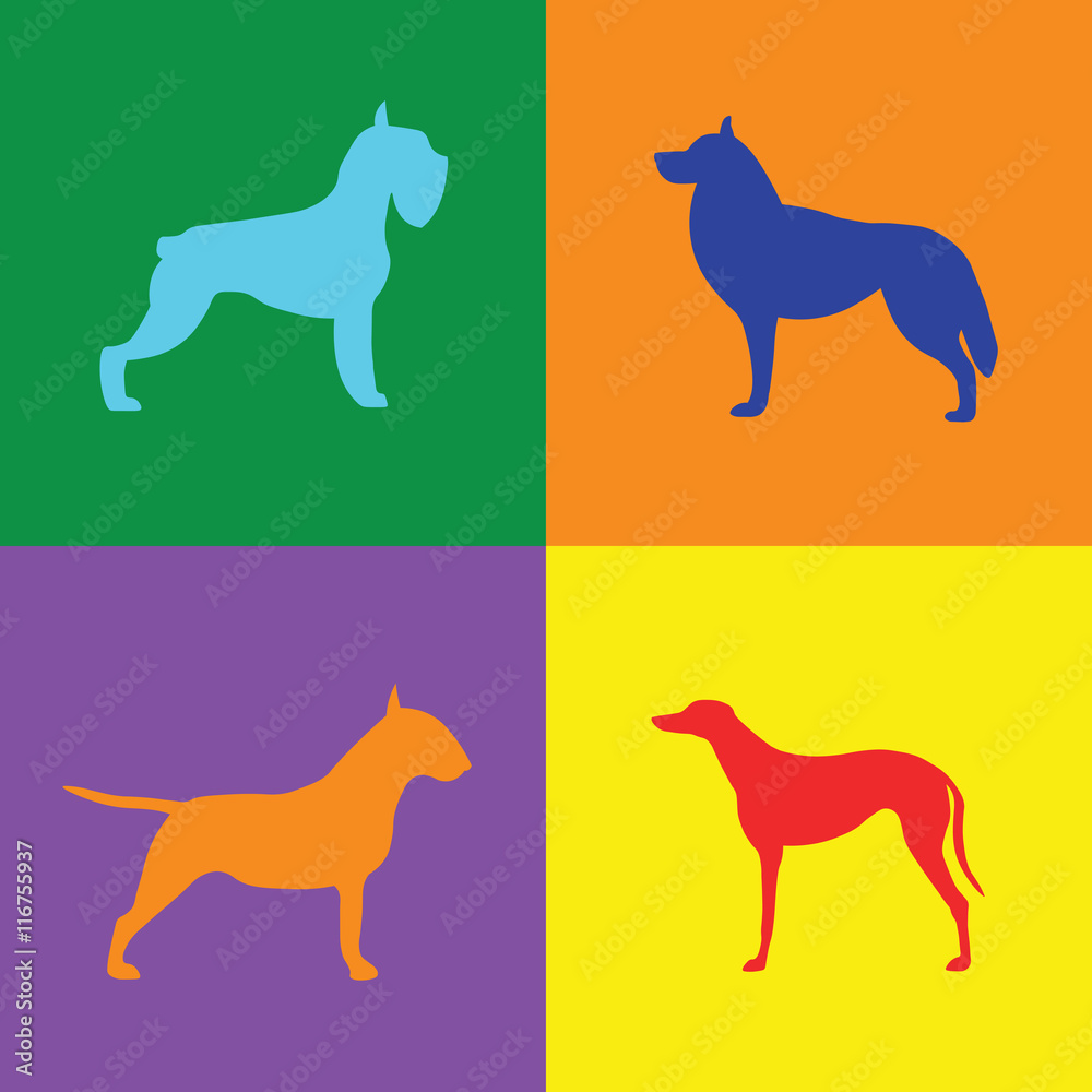 Four different dog silhouette on colored background

