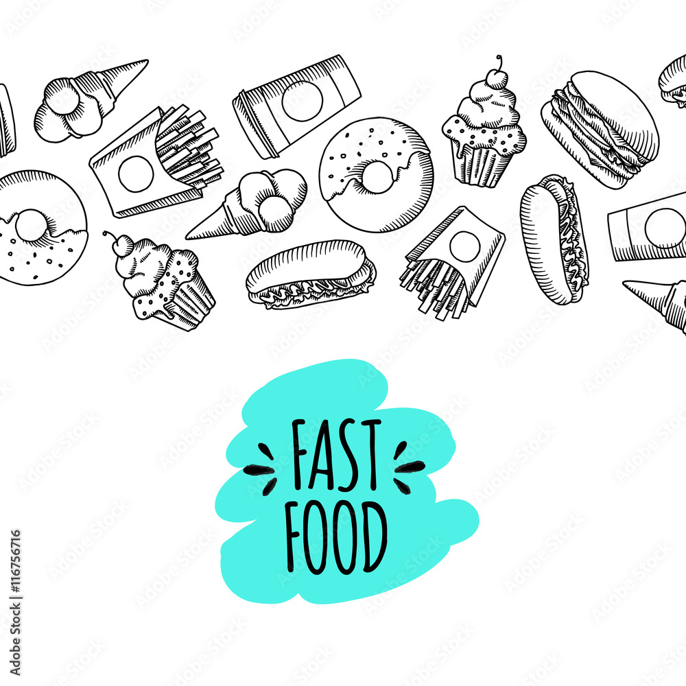 Fast food. Set of cartoon vector background.