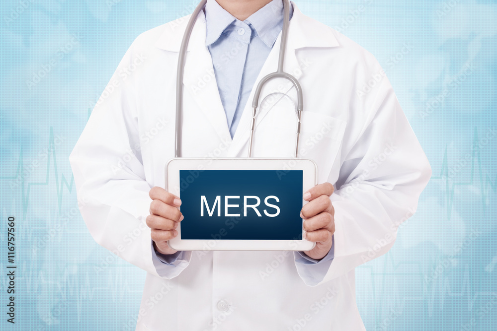 Doctor holding a tablet pc with mers sign on the display Doctor holding a tablet pc with mers sign on the display