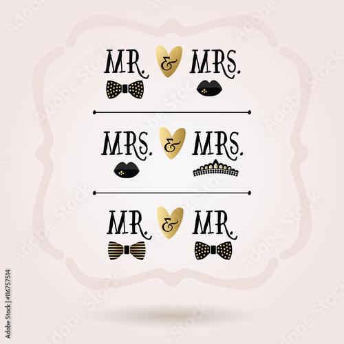 Black and golden abstract conceptual Mr. & Mrs. hearts icons on pink background
