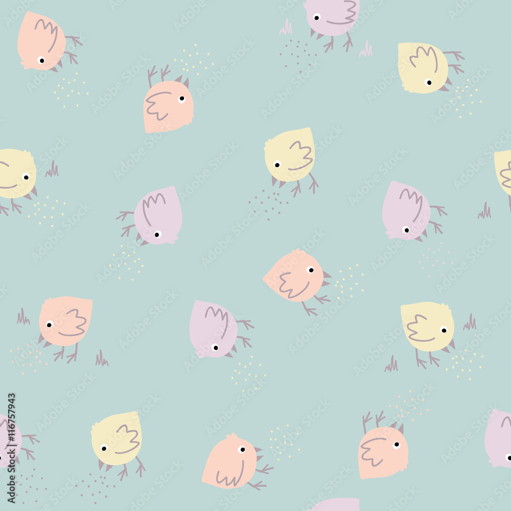 Pastel pattern with cute birds. Seamless. Hand drawn. Animal background in modern pastel colors. Birds eating.  Can be used for wallpapers, pattern fills, web page backgrounds, surface textures.
