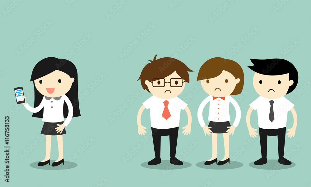 Business concept, Business woman is using smartphone but her coworkers feel awkward. Vector illustration. Business concept, Business woman is using smartphone but her coworkers feel awkward. Vector illustration.
