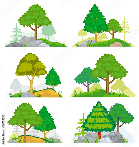 Landscapes with coniferous and deciduous trees  grass or rocks. Vector set