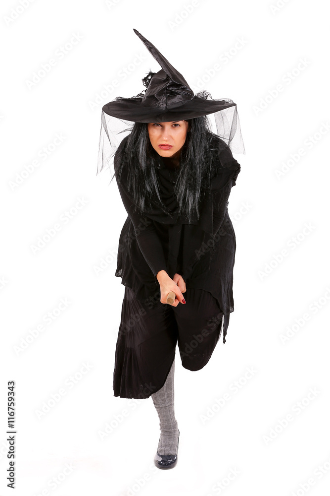 young black dressed witch with broom, isolated on white background