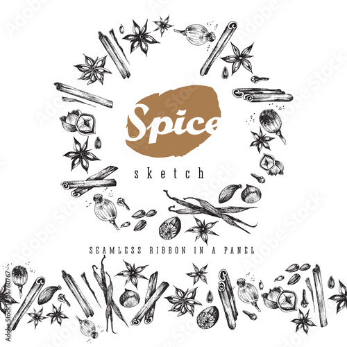 Flavour spices sketch food round frame and seamless ribbon. Vector isolated elements: cinnamon,