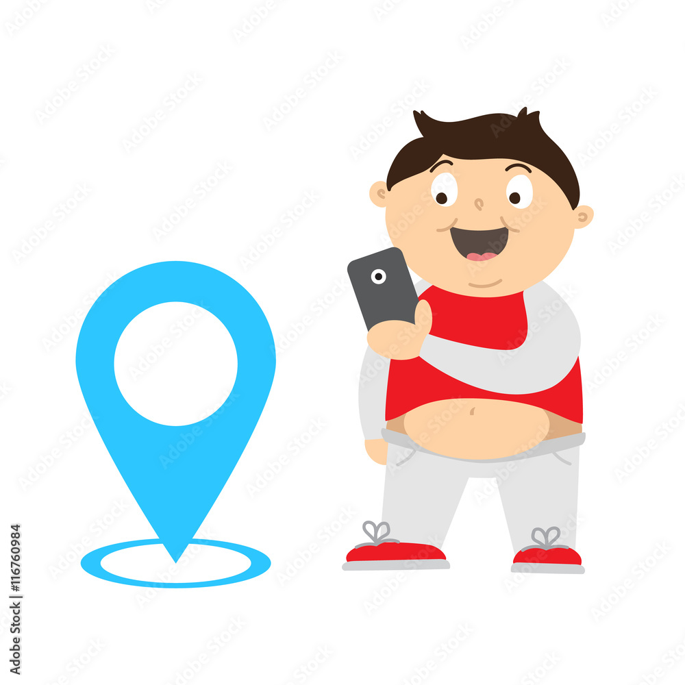 Cartoon illustration of an overweight kid playing video game on his