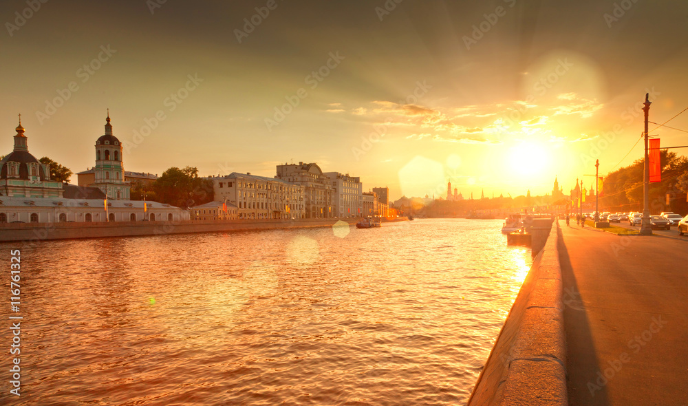 Sunset on the Moscow River with views of the Kremlin