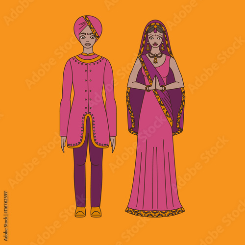 South Asia beautiful woman and man wearing indian traditional cloth, hinduism costume, sari on background