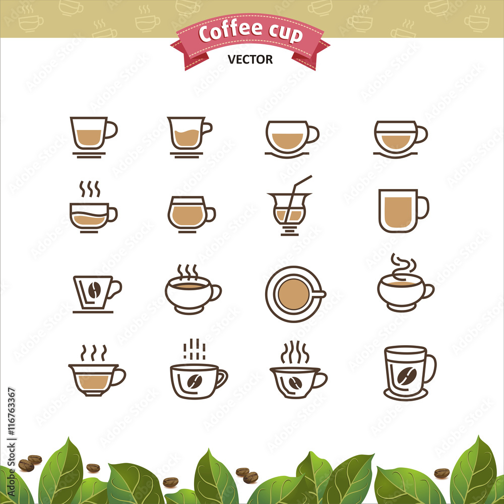 Coffee mugs and cups brown outline icons set Coffee mugs and cups brown outline icons set