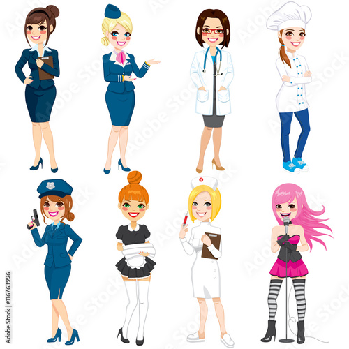 Collection set of eight different women professions