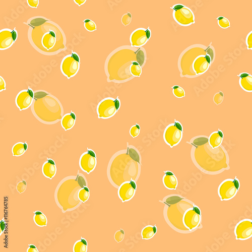 Pattern. lemon and leaves different sizes on orange background. Transparency lemon.