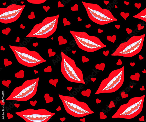 Endless vector seamless pattern with smiling female lips and snowwhite teeth and red hearts