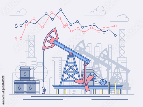 Oil industry, pumps, trade. Graph of price changes and profits. Line vector illustration