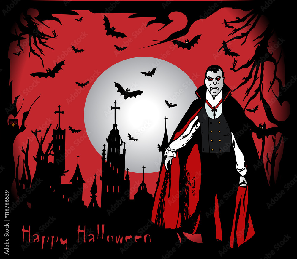 Happy Halloween background illustration/vector with Dracula and castle Happy Halloween background illustration/vector with Dracula and castle