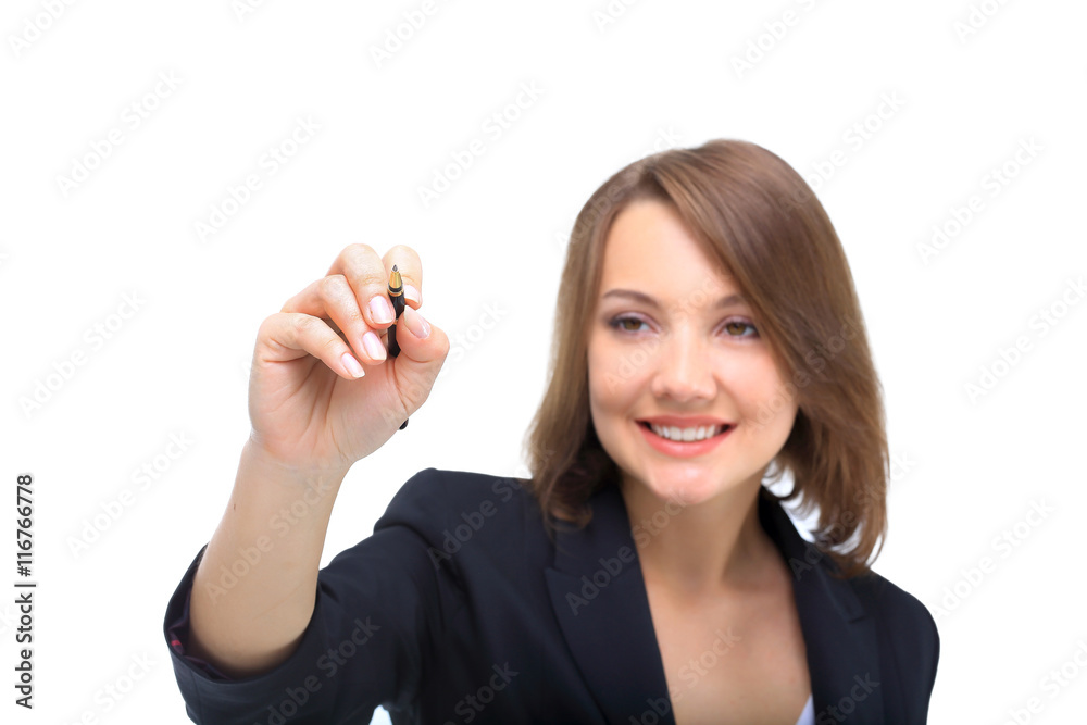 Young businesswoman with pen isolated on white background Young businesswoman with pen isolated on white background
