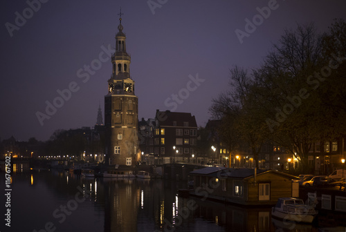 Clock Tower. Public Building in Amsterdam at Night