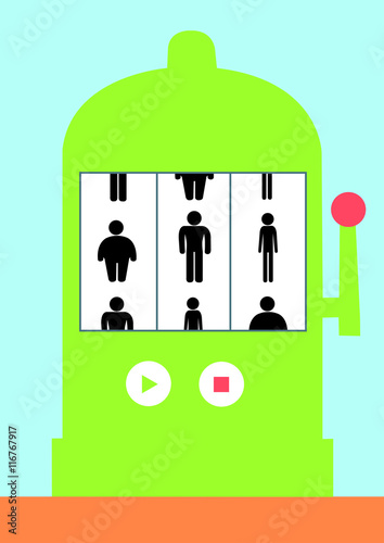 Illustration Glücksspielautomat; Männer; einarmiger Bandit; Figuren; gewinnen; verlieren; Risiko