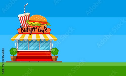 Fast food cafe flyer or banner design with hamburger