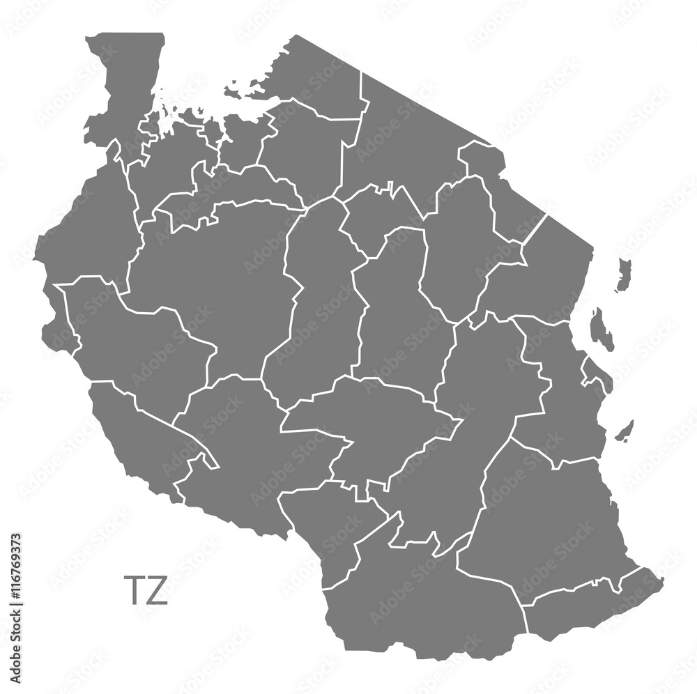 Obraz premium Tanzania regions Map grey