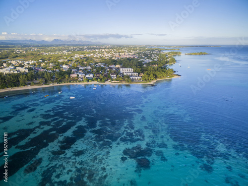 Mauritius beach aerial view of Bain Boeuf Beach in Grand Baie, Pereybere North