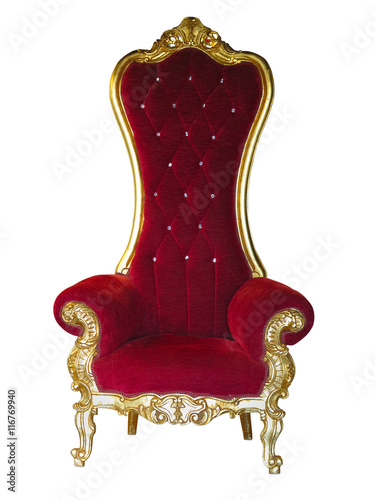 Old red golden king throne isolated over white.