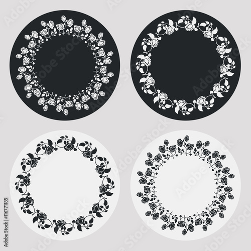 Set of silhouette round frames with roses. Design elements for graphic backgrounds. Vector clip art.