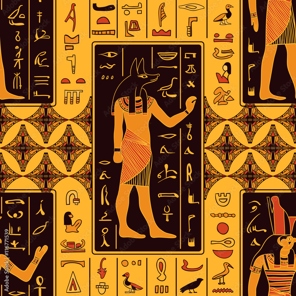 Seamless pattern with egyptian gods and ancient egyptian hieroglyphs ...