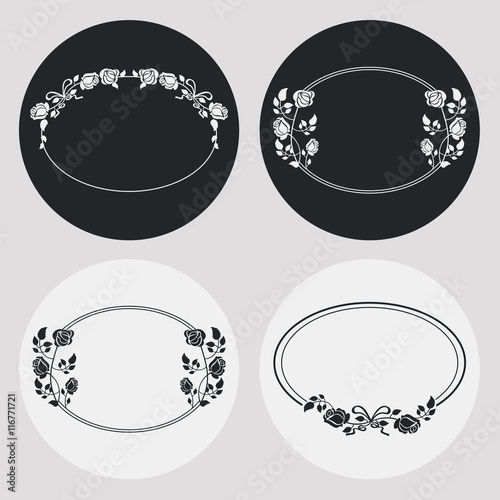 Set of silhouette oval frames with roses. Design elements for graphic backgrounds. Vector clip art.