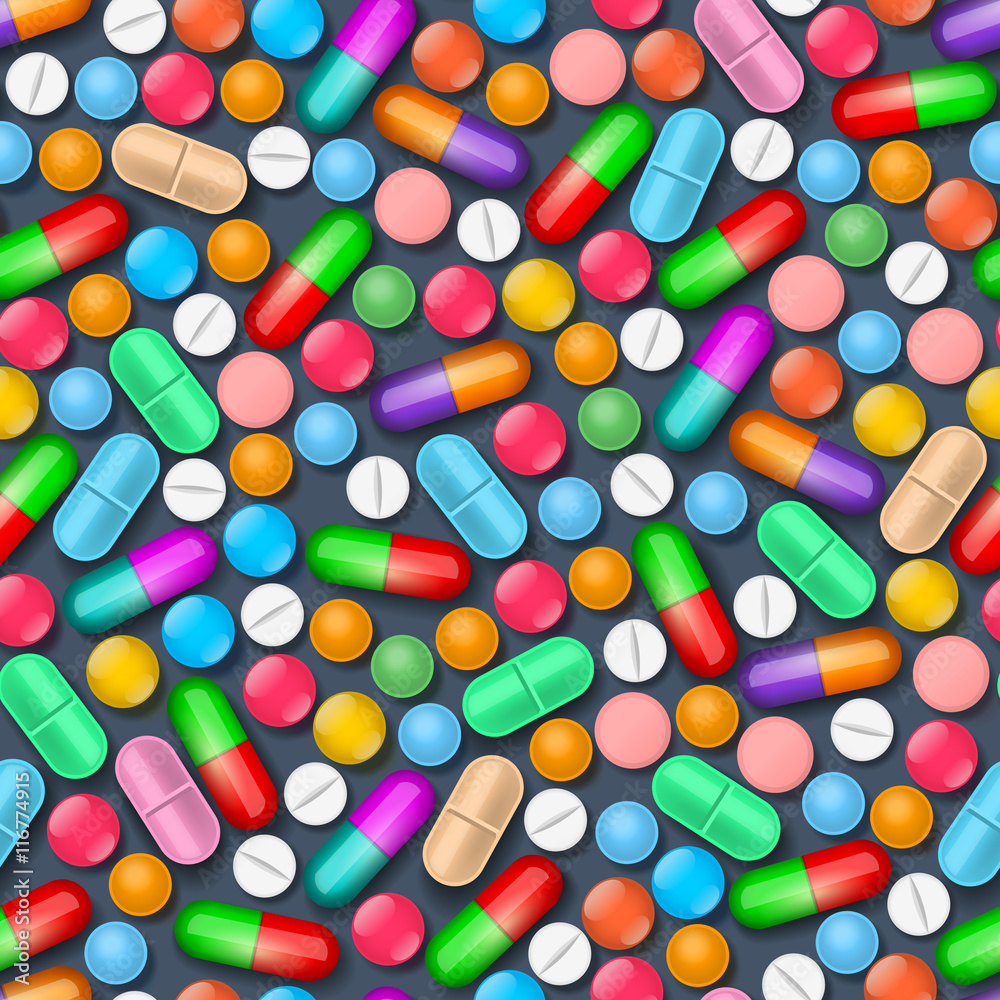 Seamless pattern with colorful medical tablets and pills Seamless pattern with colorful medical tablets and pills