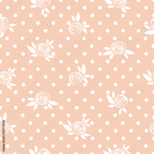 Seamless floral pattern, roses on the polka dot background, vintage illustration.