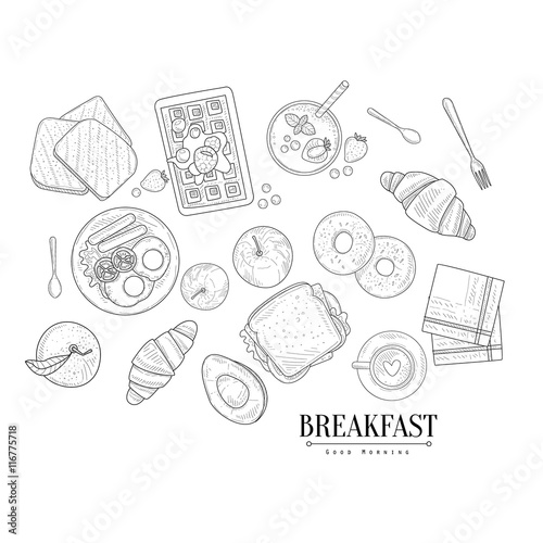 Breakfast Food Isolated Drawings Set Hand Drawn Realistic Sketch