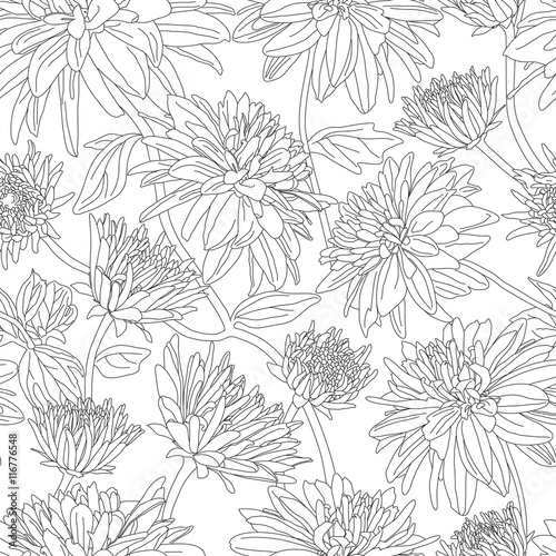 Seamless pattern with dahlia in black and white