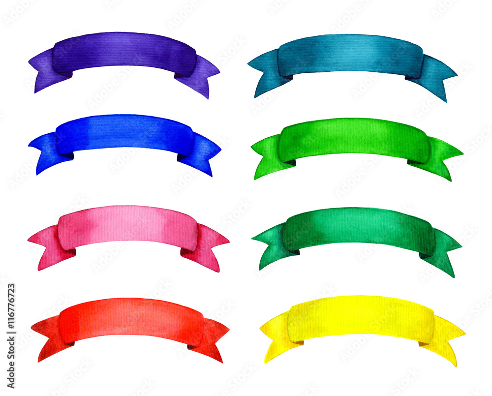 Collection of hand painted different color ribbons. Set of watercolor design elements. Frame with space for your text. Isolated background. Sale, wedding, invitation, valentine, holiday card design Collection of hand painted different color ribbons. Set of watercolor design elements. Frame with space for your text. Isolated background. Sale, wedding, invitation, valentine, holiday card design