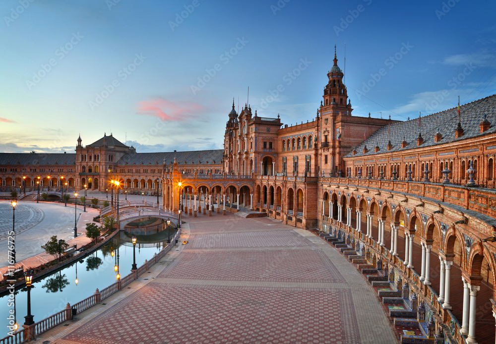 Seville, Spain. Plaza de Espana (Spain Square) after sunset