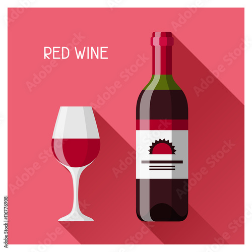 Bottle and glass of red wine in flat design style