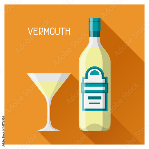 Bottle and glass of vermouth in flat design style