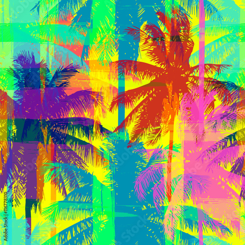tropical seamless pattern depicting pink and purple palm trees with with yellow highlights reflections on a turquoise background in in psychedelic colors