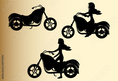 Vector set with silhouettes of bikes and girls on motorcycles, handdrawn on an old grey paper