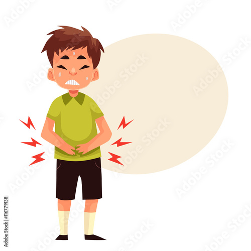 Boy having stomach ache, cartoon style vector illustration isolated on white background. Little boy having ache in his tummy, pressing hands to his abdomen, sad and sweating