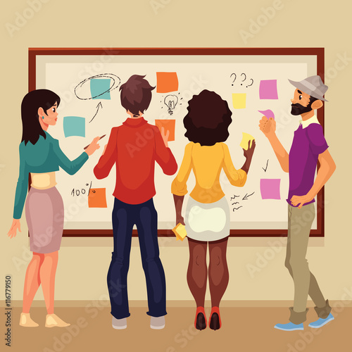 Young creative business people brainstorming ideas at the board, sketch style vector illustration. Multiethnic group of young people hold a brainstorm standing at the board and using sticky notes