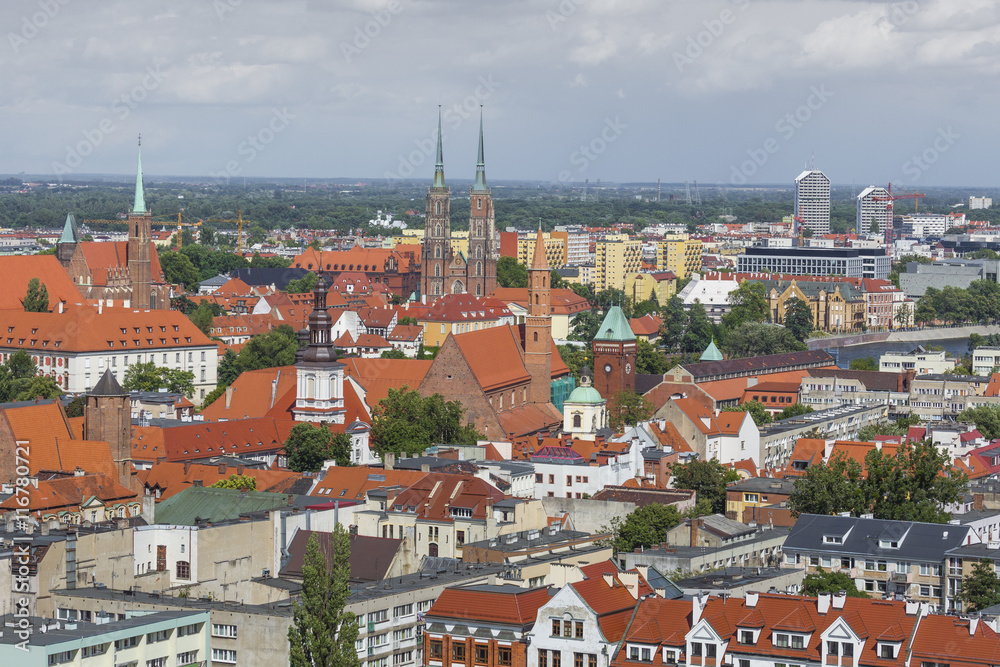 Scenic summer aerial panorama of the Old Town architecture in Wroclaw, Poland