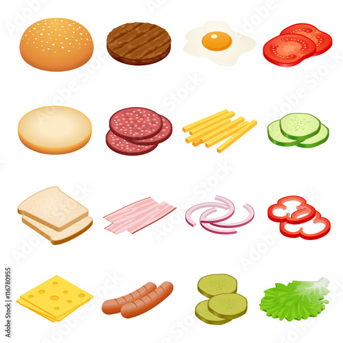 Burger isometric. Burger ingredients on white backgrounds. Ingredients for burgers and sandwiches. Fried egg, onions, beef, cheese, cucumbers and other elements to build custom burger. Tasty snack.