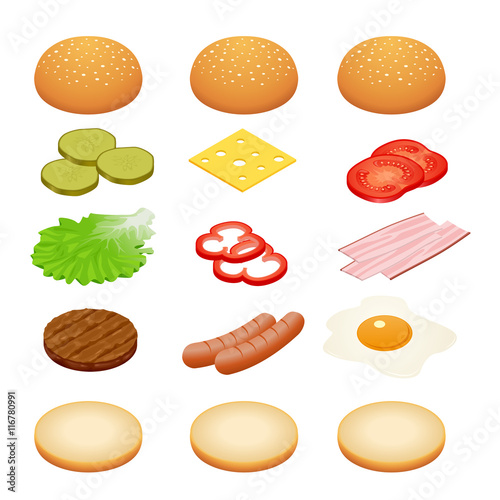 Burger isometric. Burger ingredients on white backgrounds. Ingredients for burgers and sandwiches. Fried egg, onions, beef, cheese, cucumbers and other elements to build custom burger. Tasty snack.